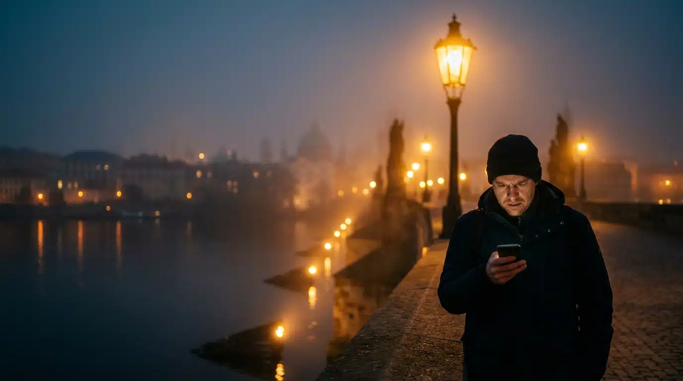 Personne seule sur un pont consultant son téléphone au crépuscule