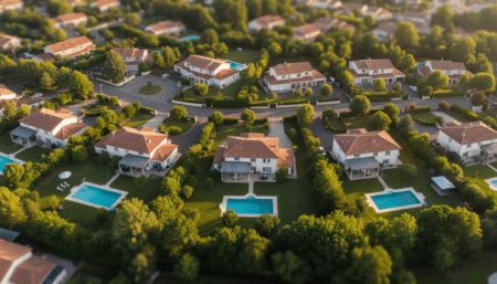 Vue aérienne de maisons françaises avec piscines et vérandas