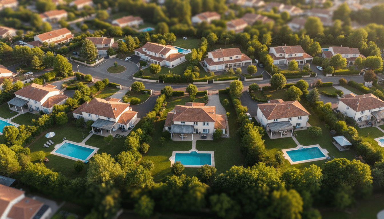 Vue aérienne de maisons françaises avec piscines et vérandas