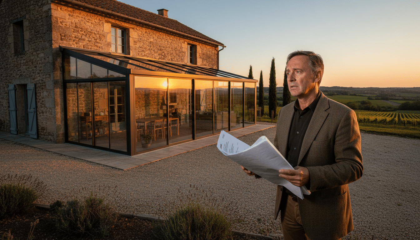 Propriétaire inquiet devant sa véranda non déclarée