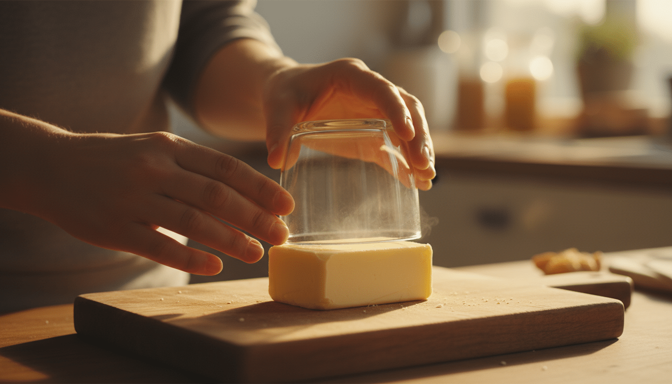 verre chaud posé sur bloc de beurre dur