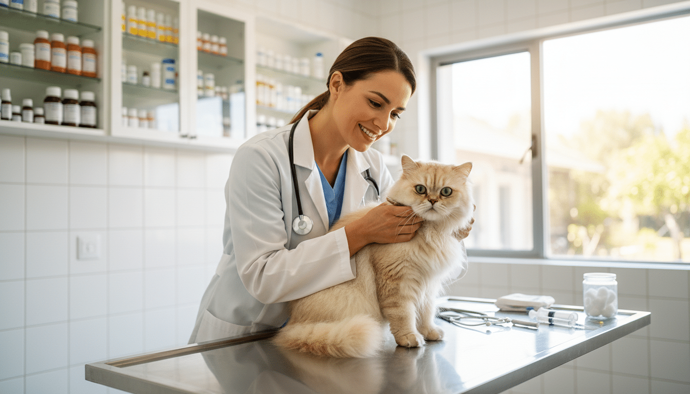 Vétérinaire examinant un chat calme sur une table