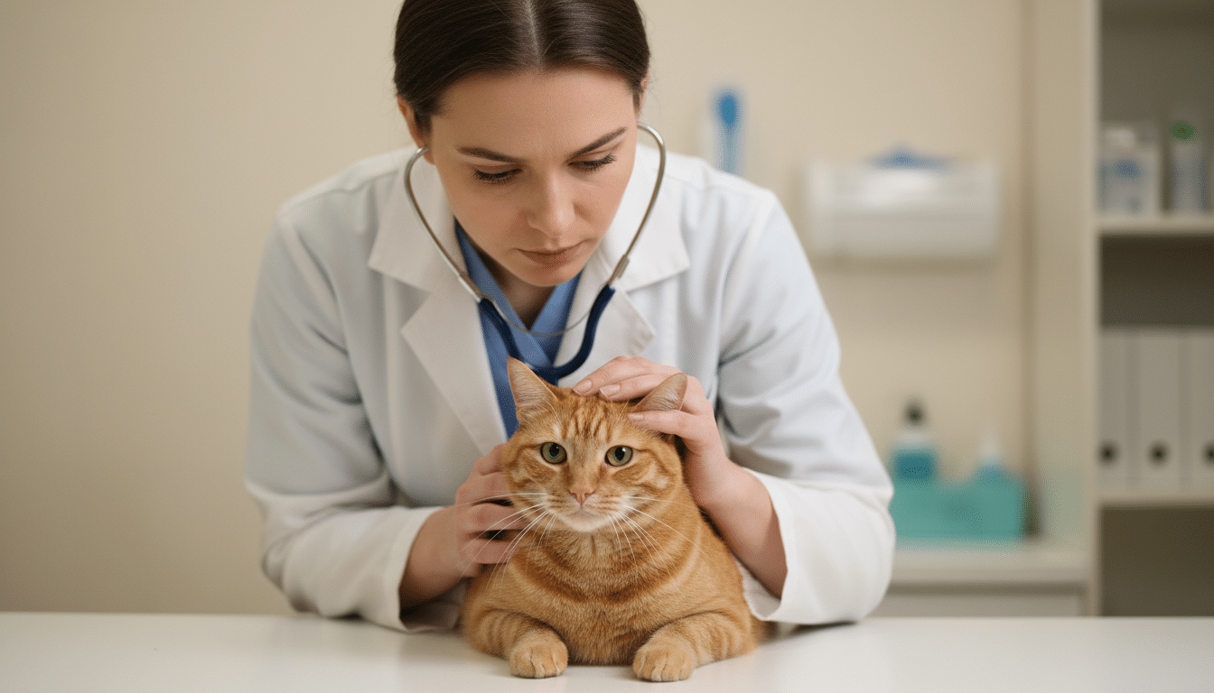 Vétérinaire examinant un chat roux en consultation