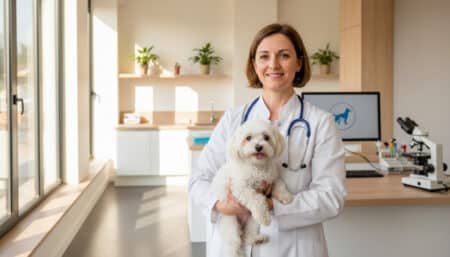 Vétérinaire femme en blouse blanche avec chien clinique