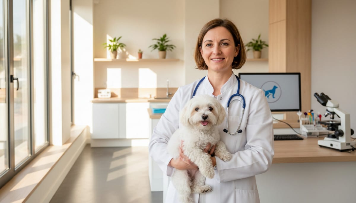 Vétérinaire femme en blouse blanche avec chien clinique