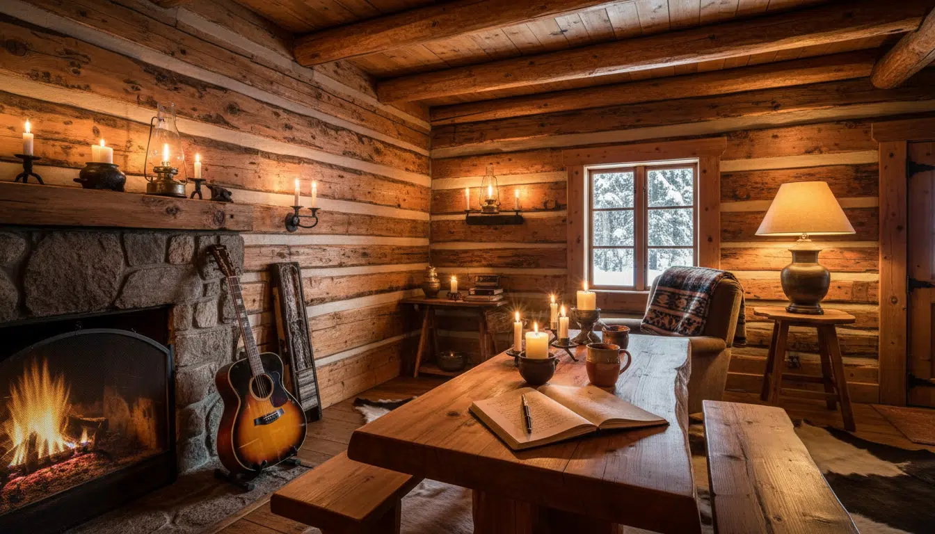 Intérieur d'une cabane en rondins rustique et chaleureuse, bougies allumées, carnet ouvert sur une table en bois et guitare appuyée contre le mur