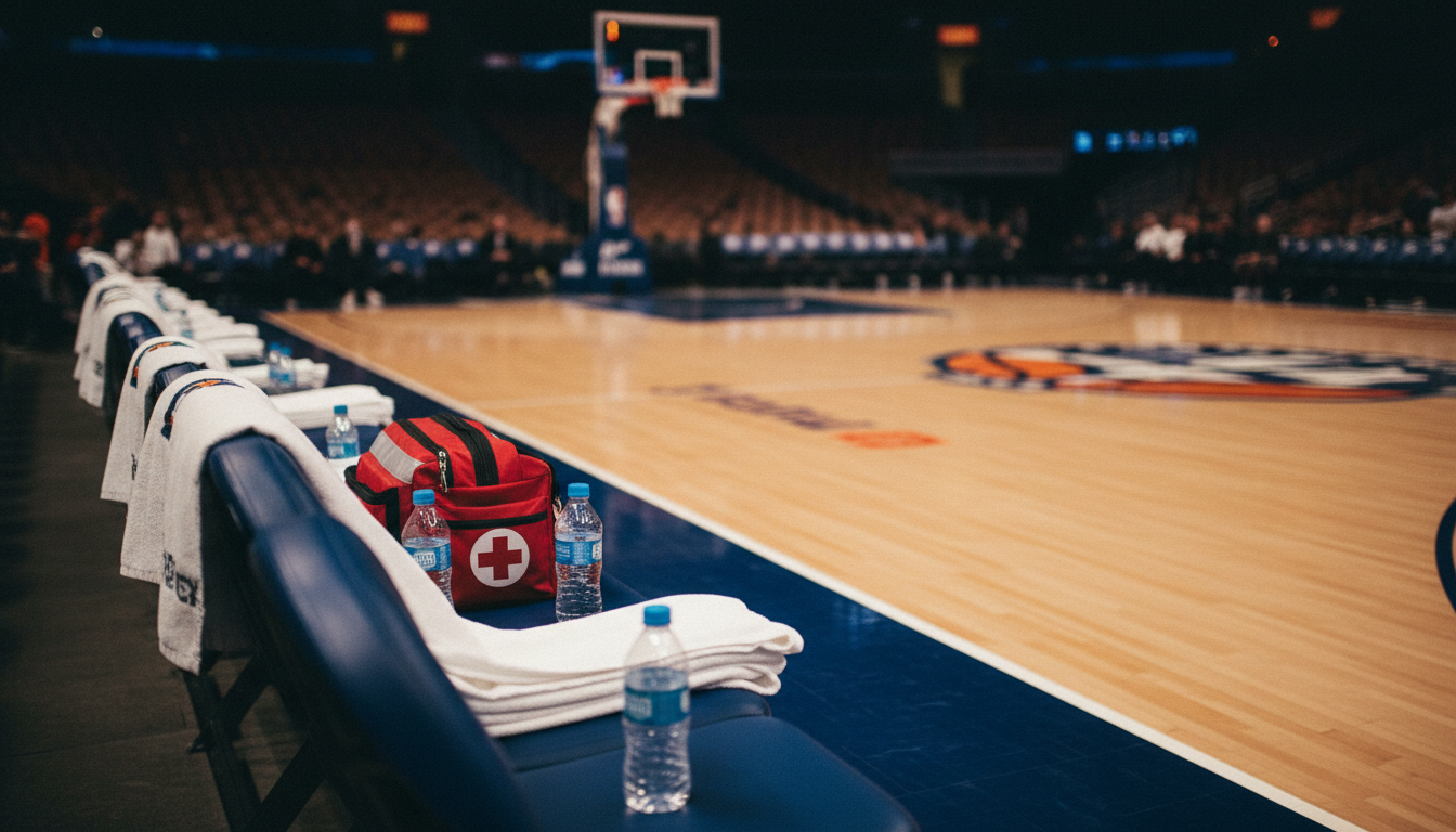 Banc vide d'une salle NBA avec matériel médical, évoquant l'absence d'un joueur blessé