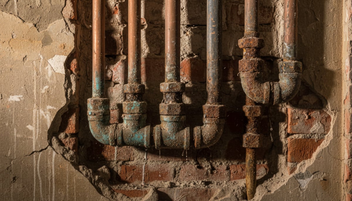 Vieilles canalisations en cuivre avec dépôts calcaires