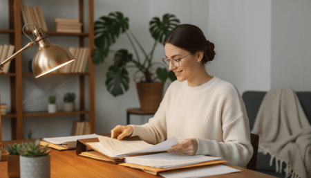 Femme organisée à son bureau éclairé chaleureusement