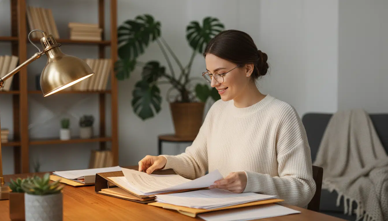 Femme organisée à son bureau éclairé chaleureusement
