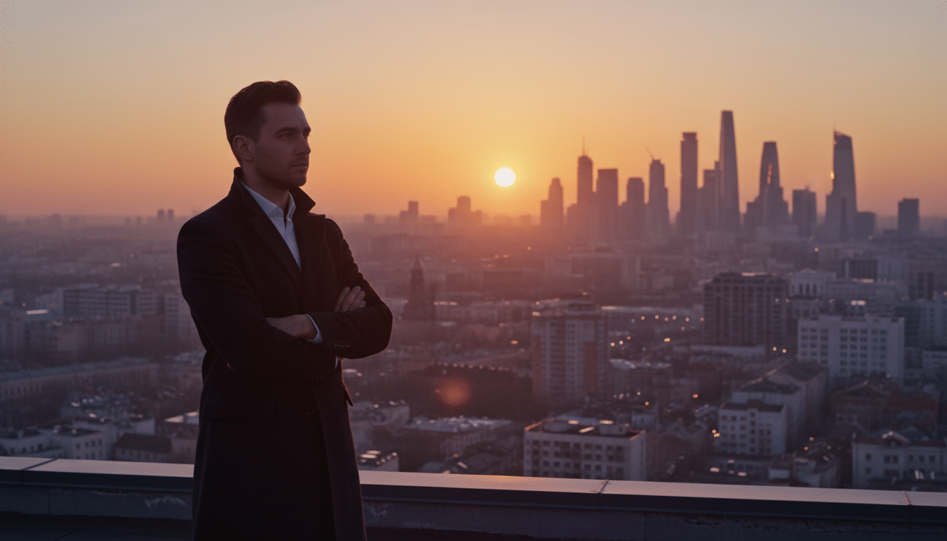 Homme pensif sur un toit au coucher du soleil