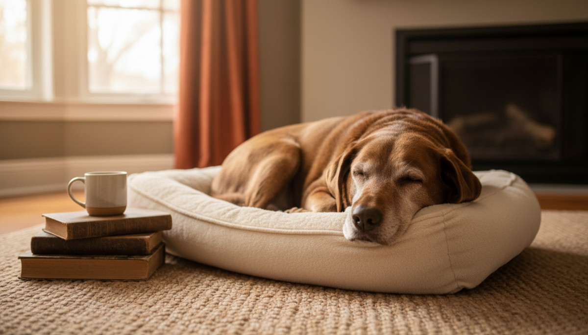Vieux labrador allongé paisiblement sur son panier