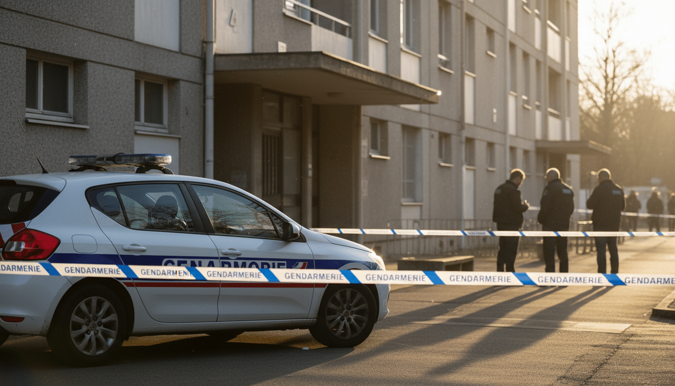 Véhicule de police devant un immeuble après le drame