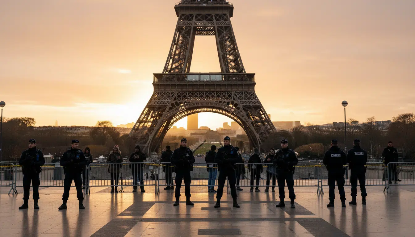 Policiers en faction près de la Tour Eiffel