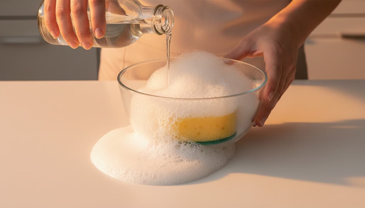 vinaigre blanc et bicarbonate mousse dans un bol avec éponge