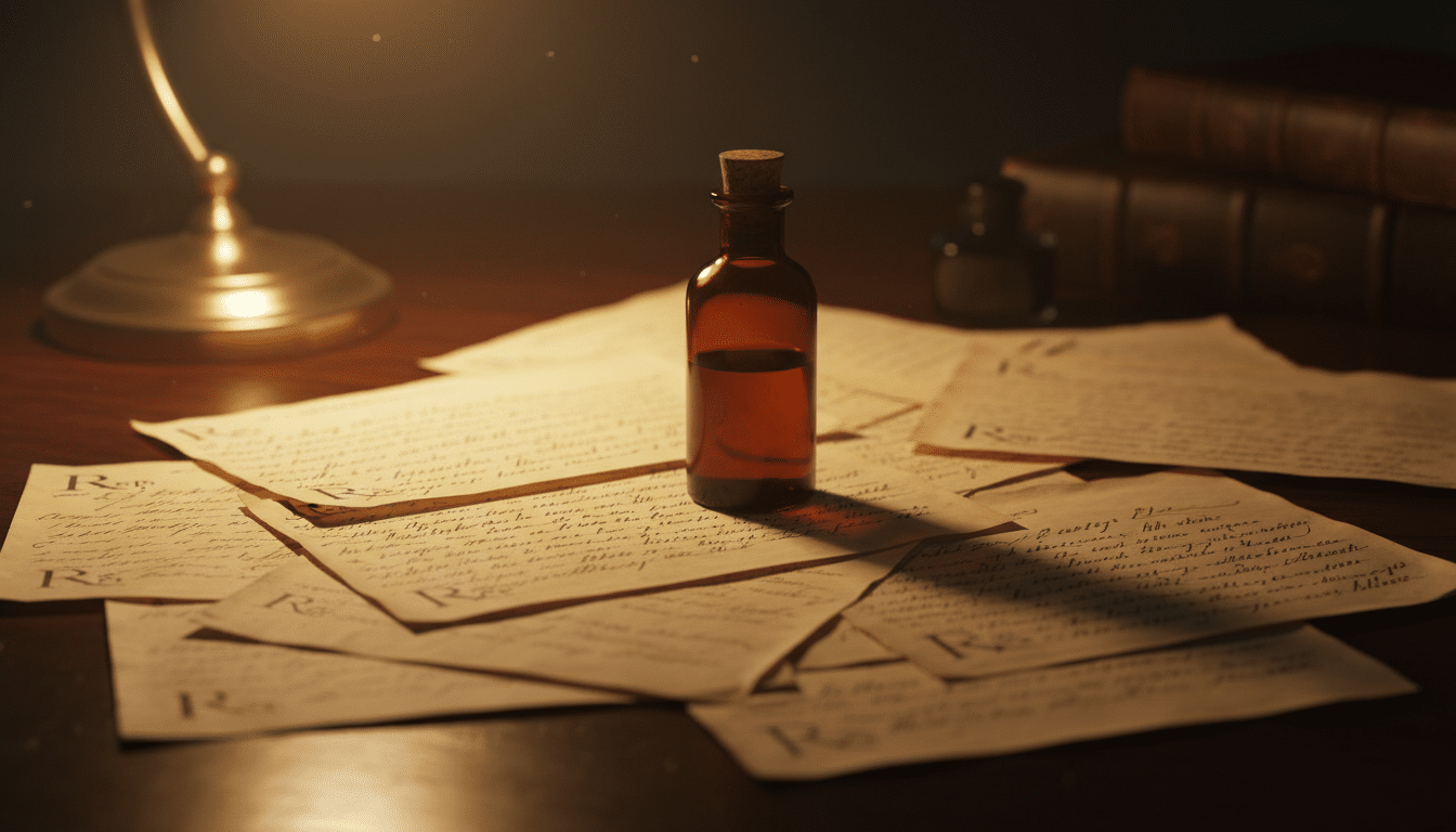 Ordonnances médicales anciennes et documents sur un bureau