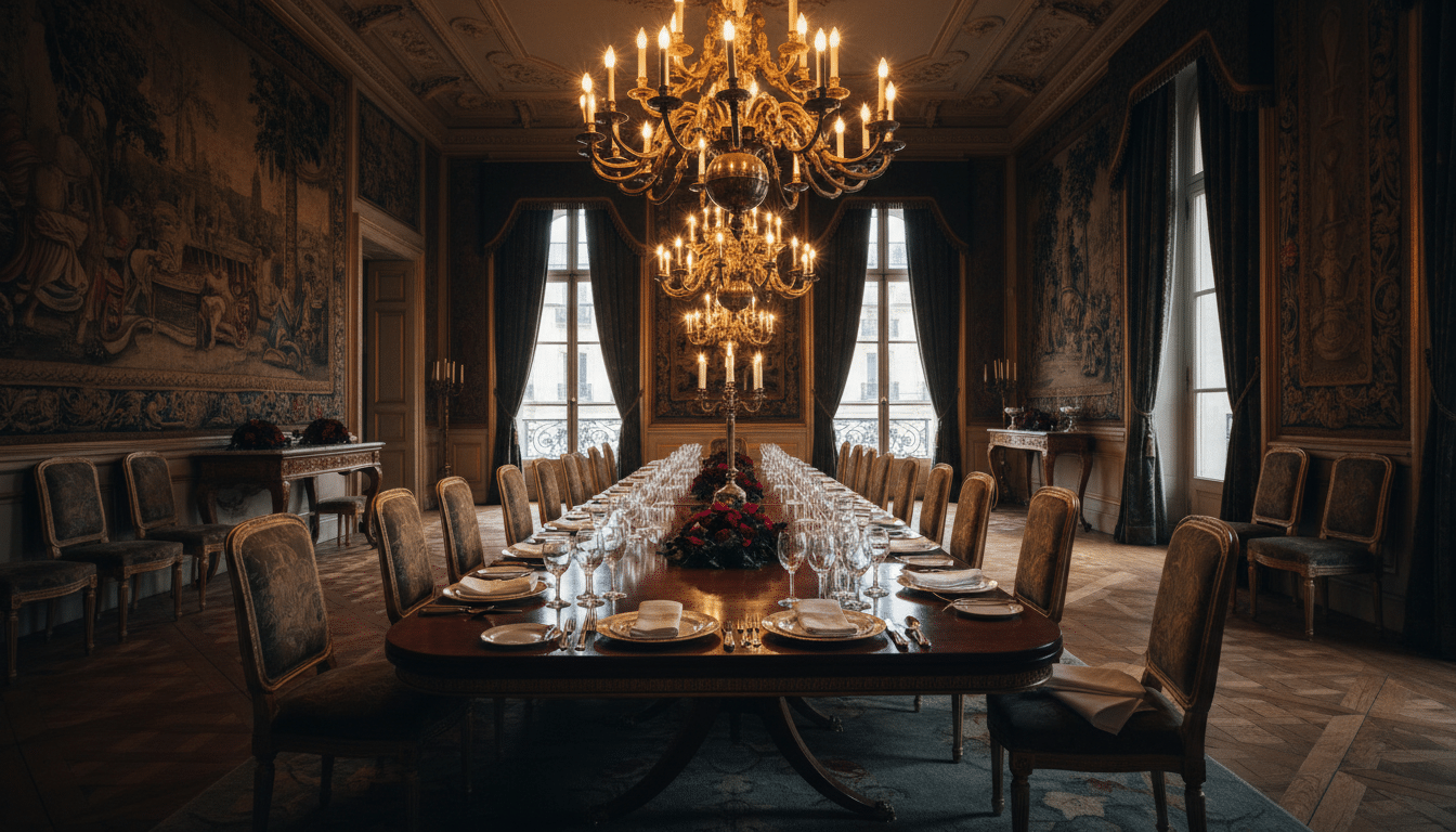Salle à manger parisienne bourgeoise vide prête pour un dîner mondain