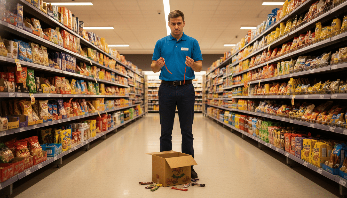 Employé de supermarché tenant des bâtonnets de réglisse