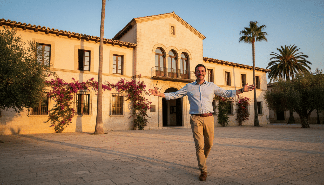 Homme sortant soulagé d'un tribunal espagnol