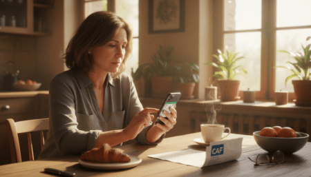 Femme vérifiant son virement CAF sur smartphone