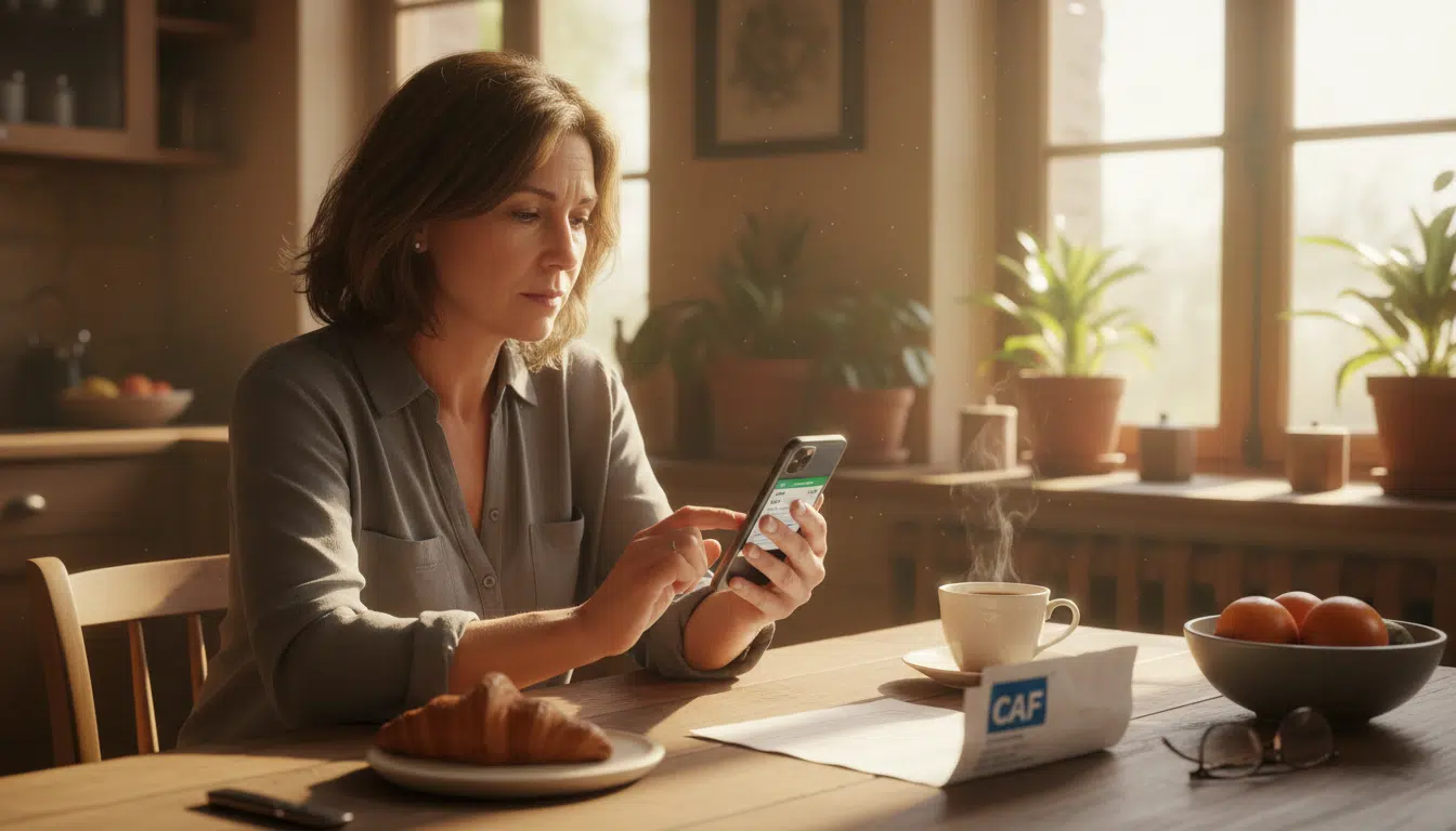 Femme vérifiant son virement CAF sur smartphone