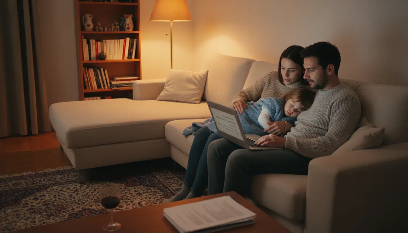 Couple avec enfant consultant leurs allocations familiales