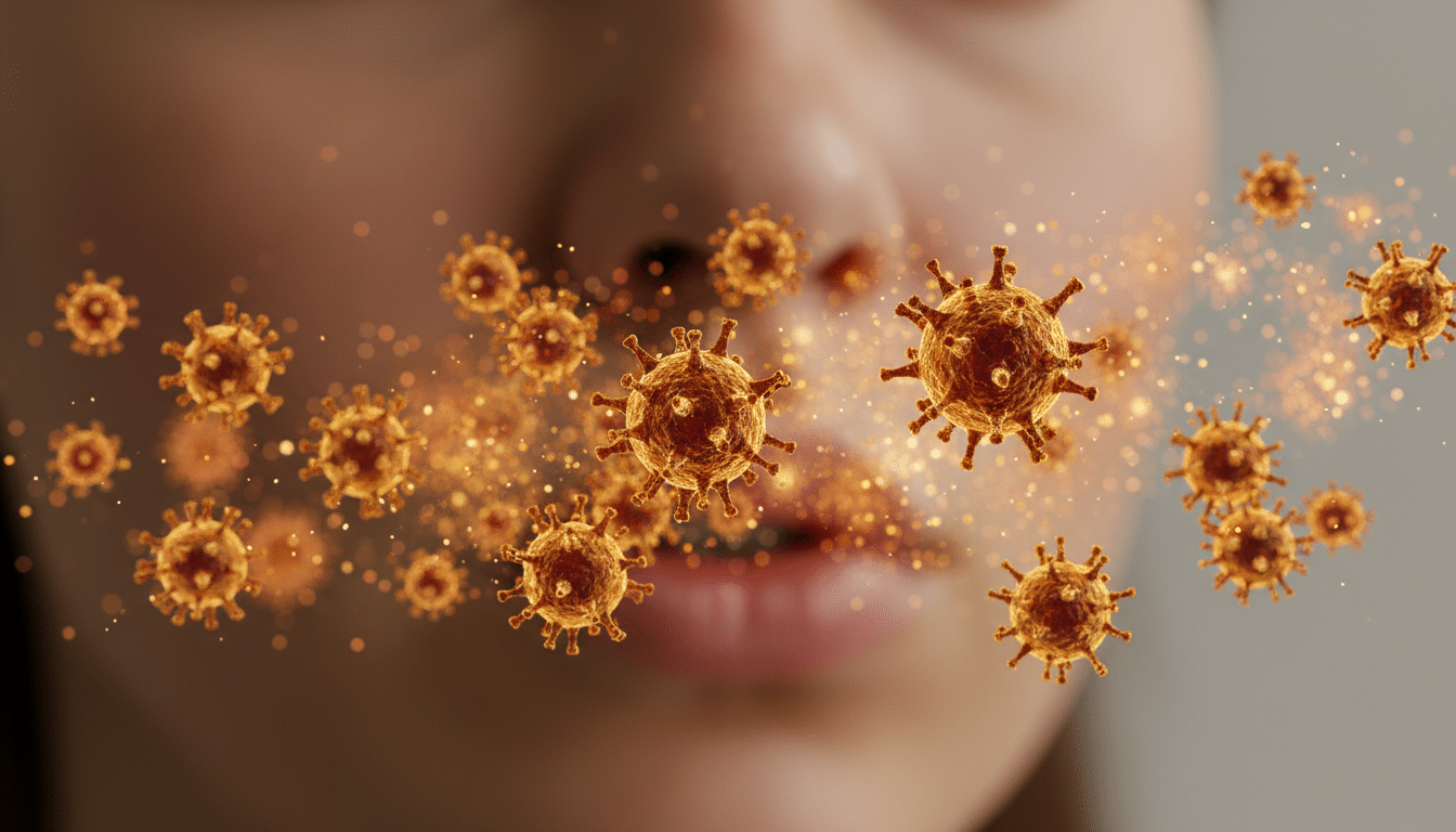 Virus microscopiques flottant dans l'air près d'un visage