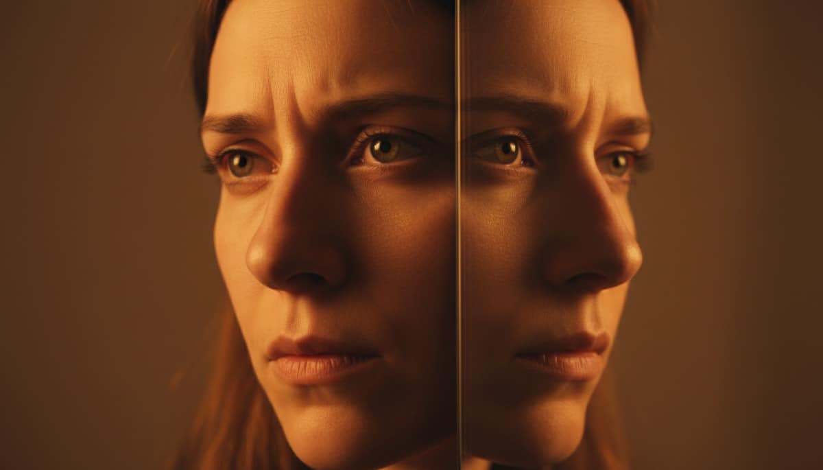 Visage humain et son reflet dans un miroir en gros plan