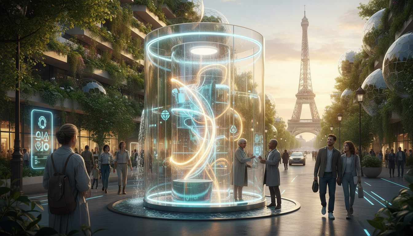Vision futuriste de toilettes publiques intégrées dans un paysage urbain vert.