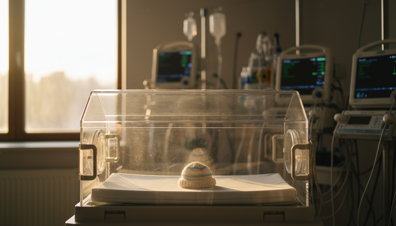 Incubateur vide en néonatologie avec bonnet de bébé