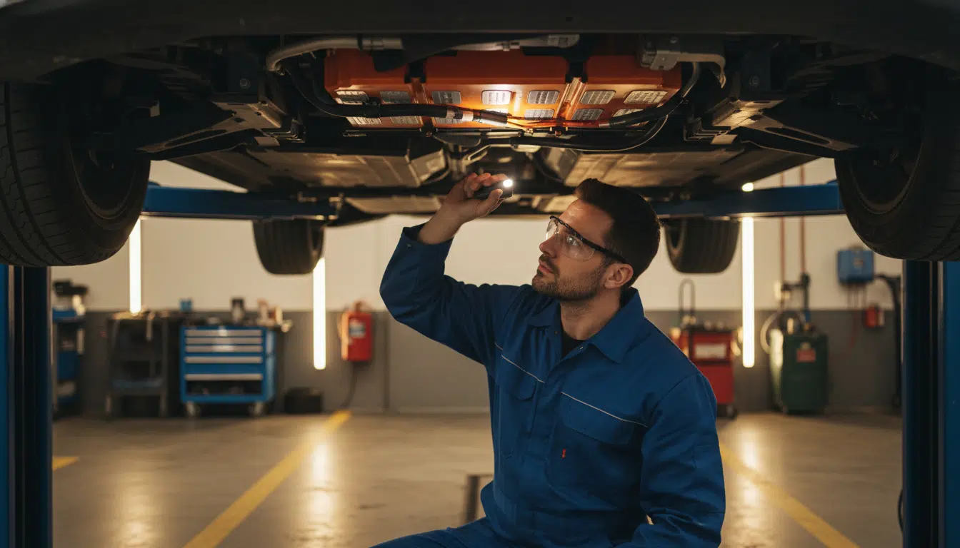 Mécanicien inspectant la batterie d'une voiture électrique