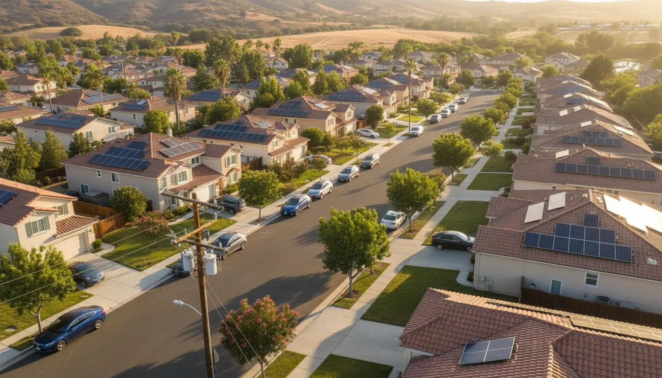 Quartier résidentiel californien avec voitures électriques garées