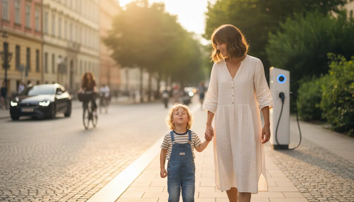 Mère et enfant marchant dans une rue à faible pollution