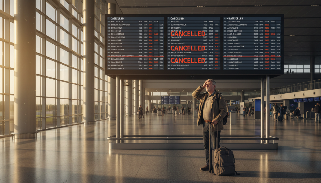 Panneau d'aéroport affichant des vols annulés et voyageur inquiet