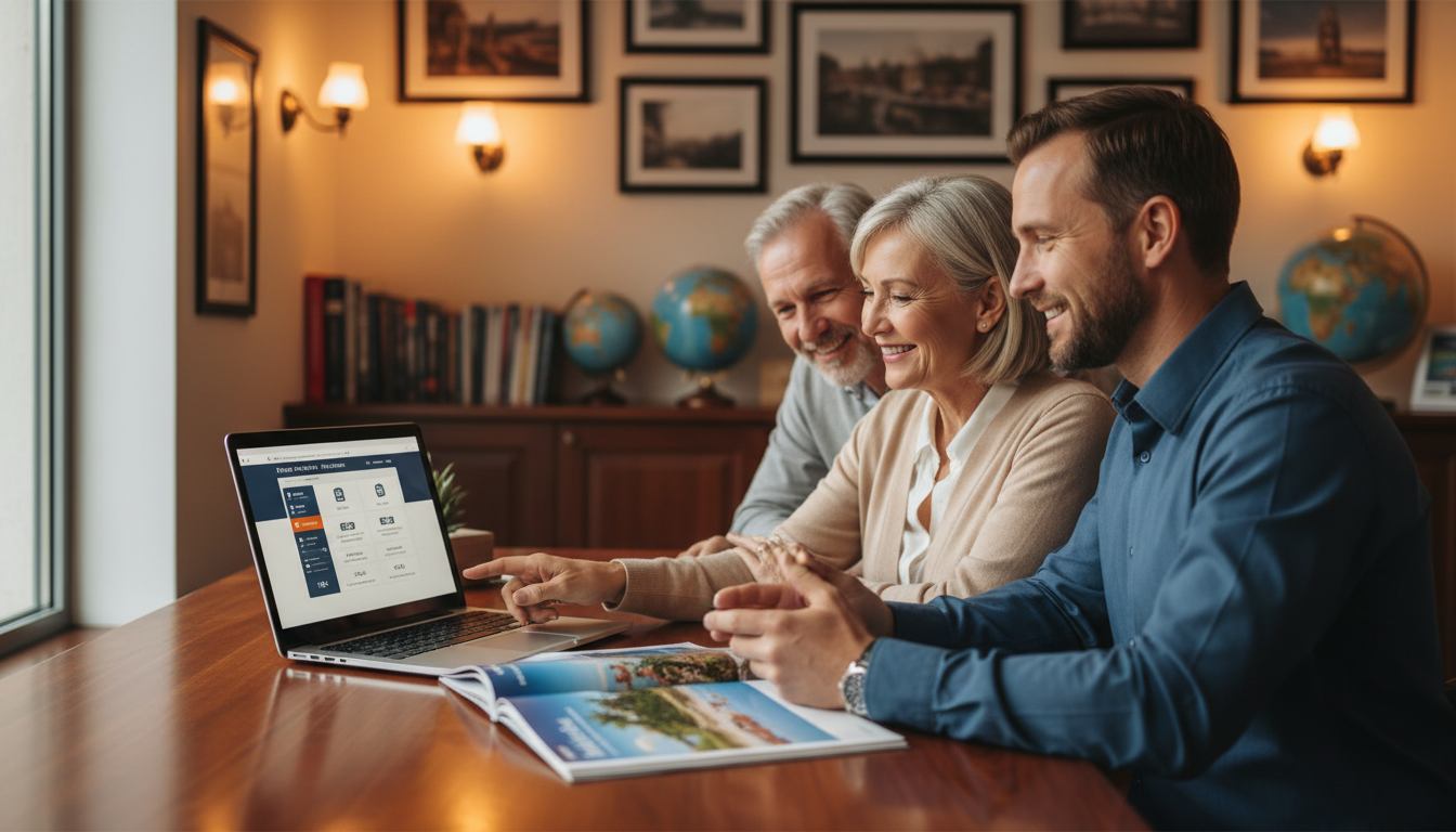 Couple discutant d'un forfait voyage avec un agent en agence