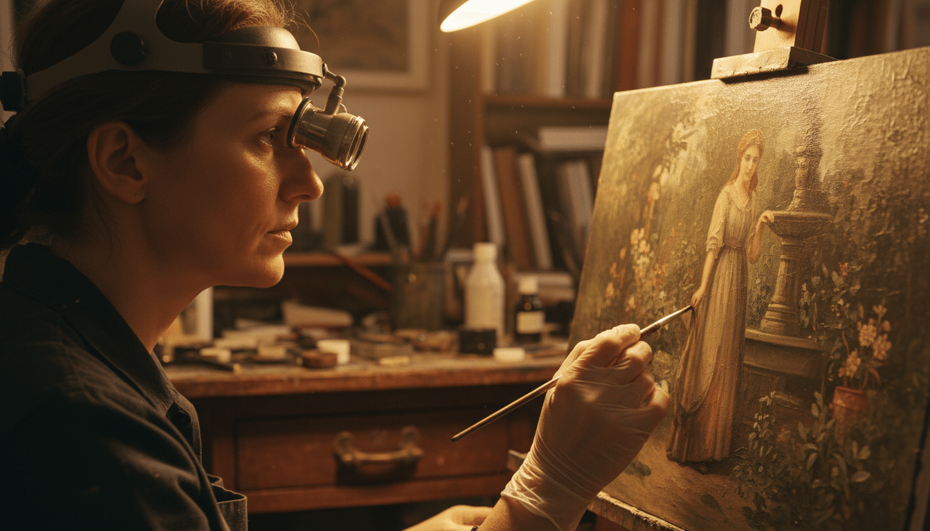 Restauratrice examinant le tableau de Van Gogh au microscope