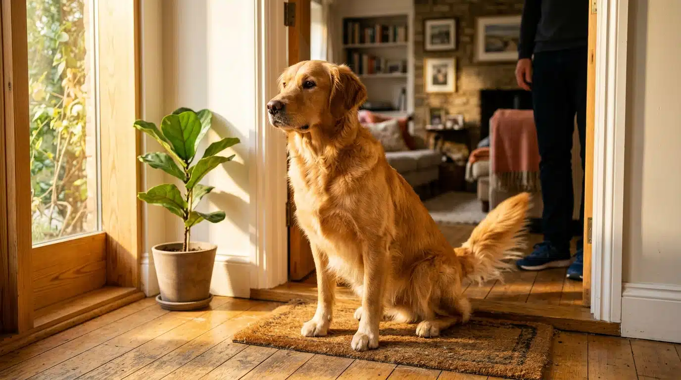 Chien remuant la queue à l'arrivée de son maître