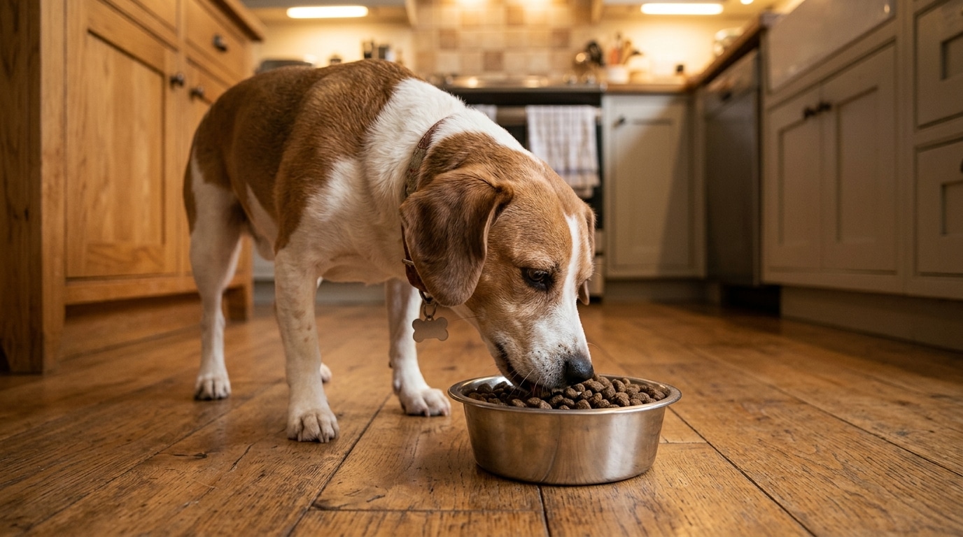 Chien mangeant ses croquettes calmement dans sa gamelle