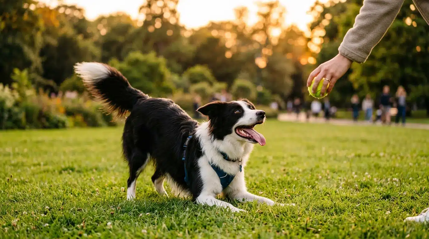 Chien en posture d'appel au jeu dans un parc