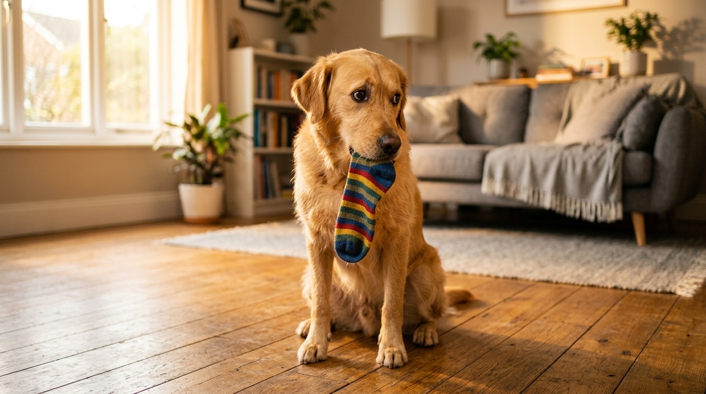Chien tenant une chaussette dans la gueule dans un salon