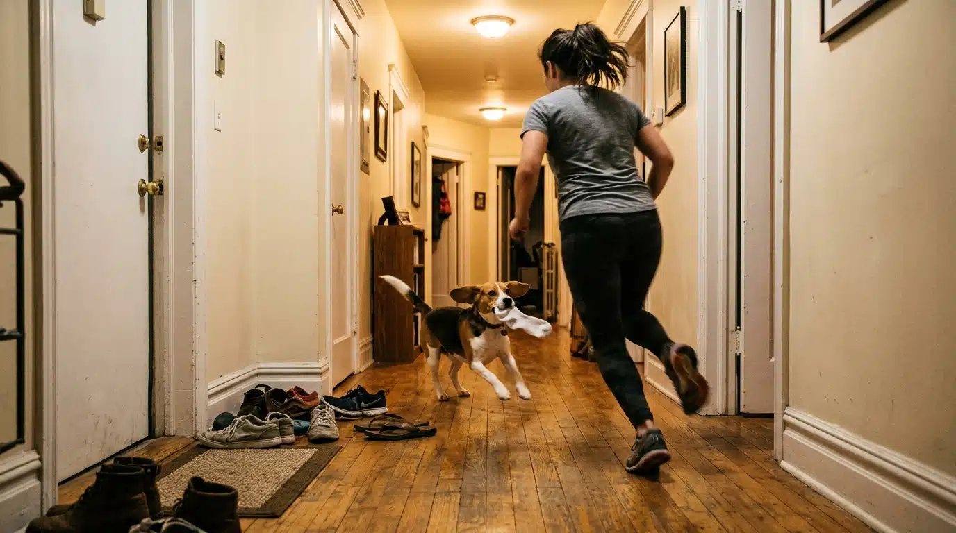 Maître courant après son chien dans un couloir d'appartement