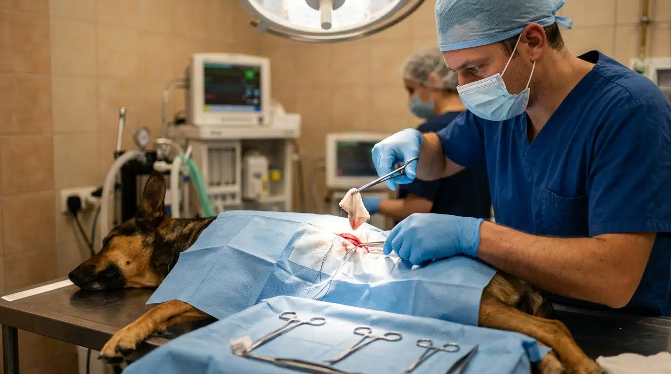 Chirurgie vétérinaire d'urgence pour extraire un tissu avalé par un chien