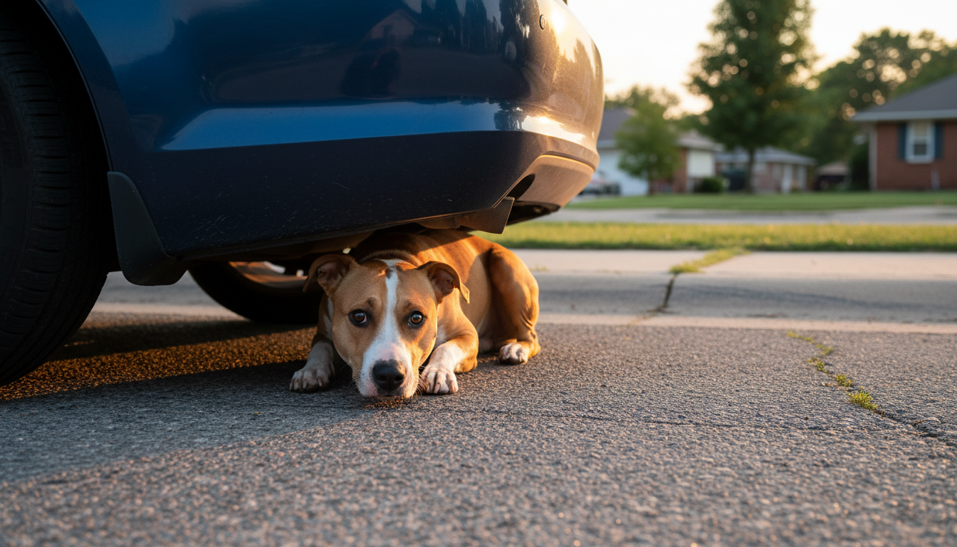 Chienne Pitbull apeurée cachée sous une voiture