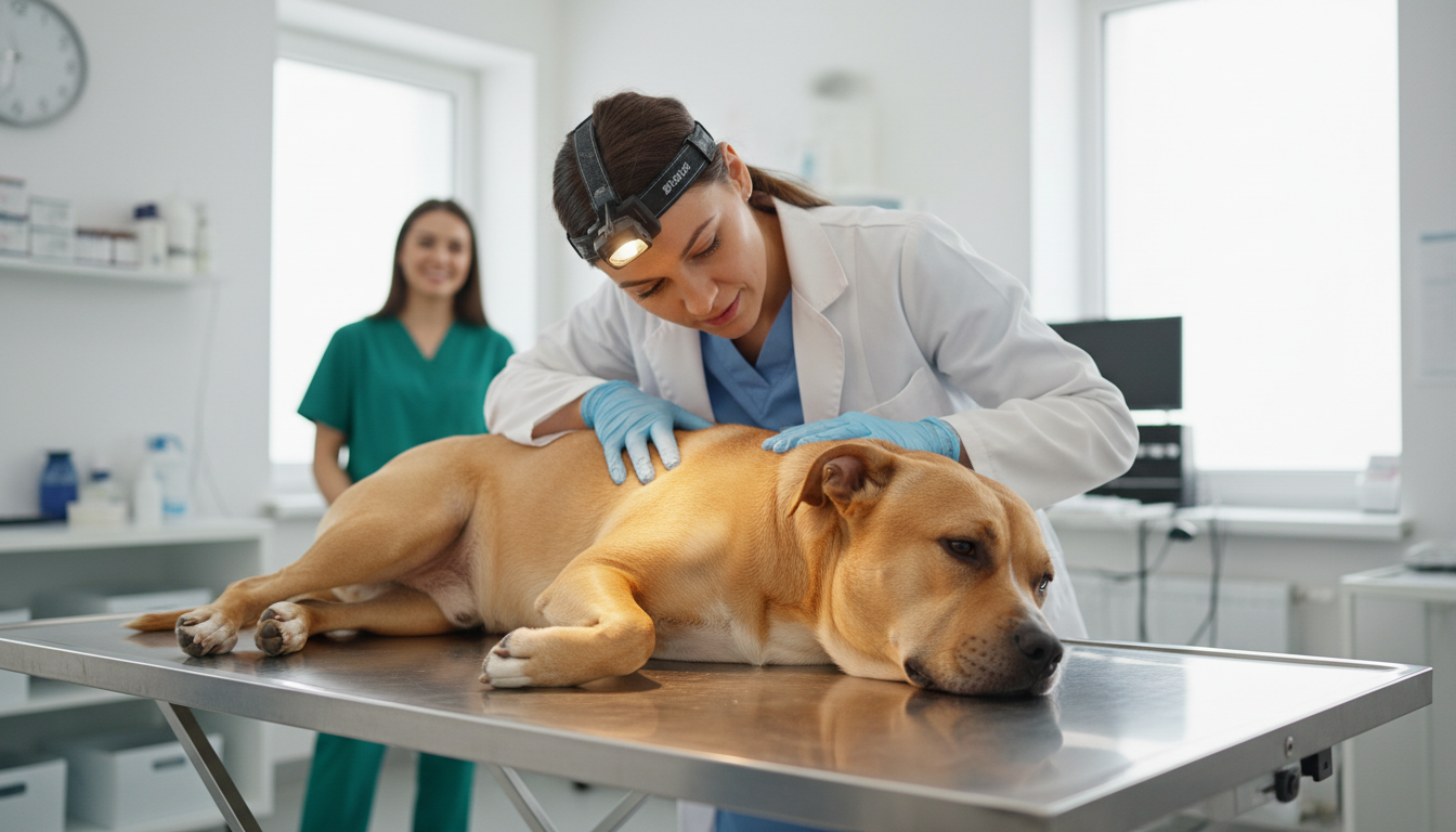 Vétérinaire examinant la chienne Amour au refuge