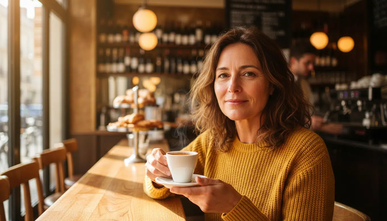 Personne buvant un expresso au comptoir d'un café