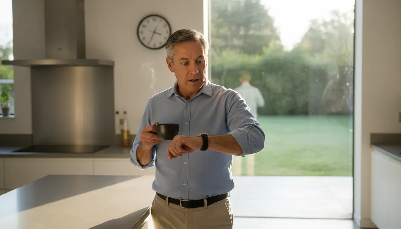 Personne vérifiant l'heure avant de boire son café