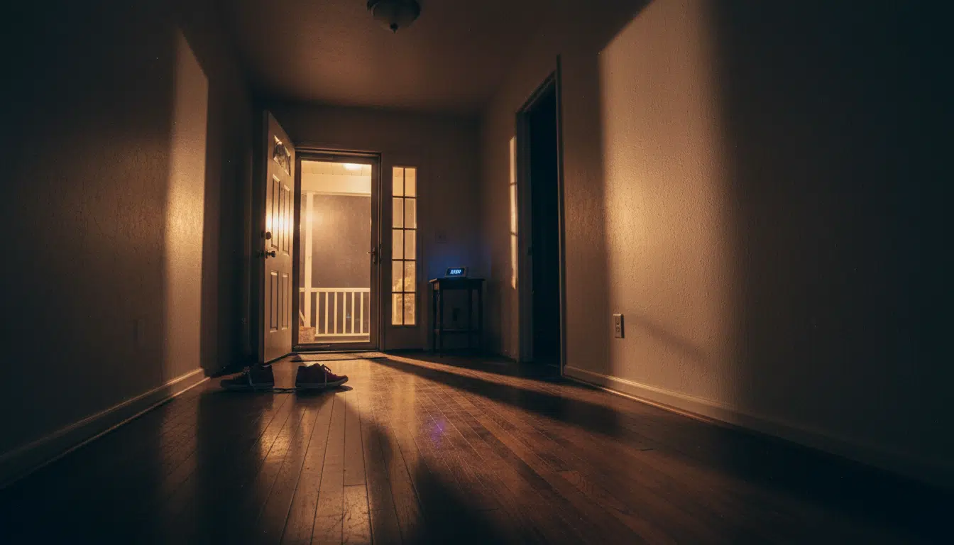 Couloir sombre d'une maison avec chaussures d'enfant