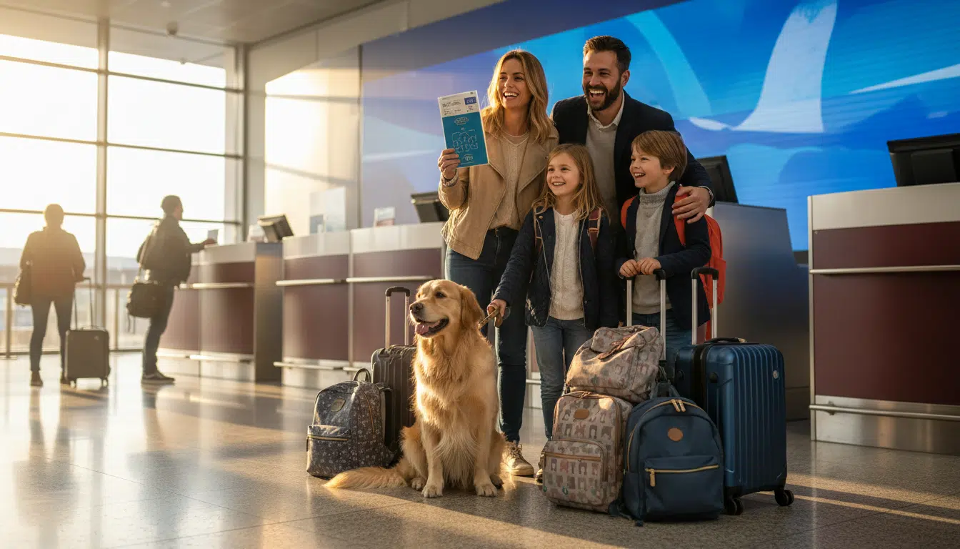 Famille avec chien et passeport européen à l'aéroport
