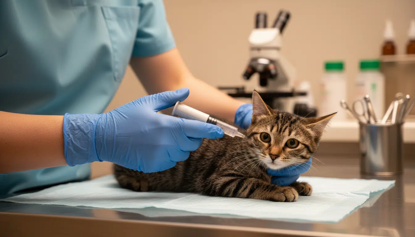 Vétérinaire implantant une puce électronique à un chat