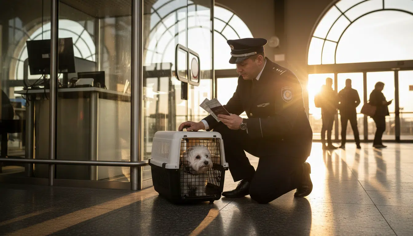 Contrôle douanier d'un chien à une frontière européenne